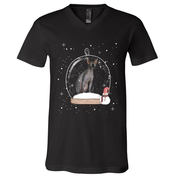 Christmas Black Sphynx Cat Snow Globe Gift V-Neck T-Shirt