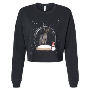 Christmas Black Sphynx Cat Snow Globe Gift Cropped Pullover Crew