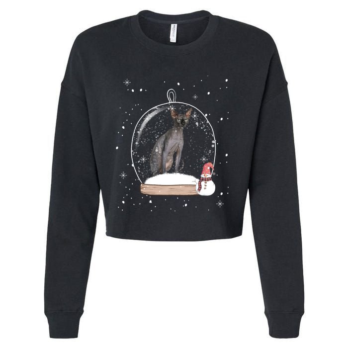 Christmas Black Sphynx Cat Snow Globe Gift Cropped Pullover Crew