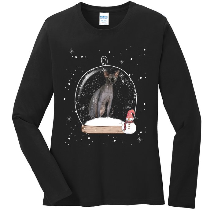 Christmas Black Sphynx Cat Snow Globe Gift Ladies Long Sleeve Shirt