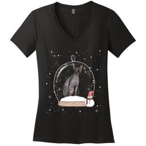 Christmas Black Sphynx Cat Snow Globe Gift Women's V-Neck T-Shirt