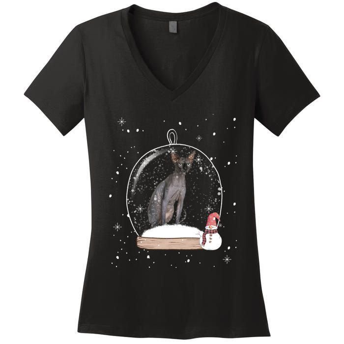 Christmas Black Sphynx Cat Snow Globe Gift Women's V-Neck T-Shirt