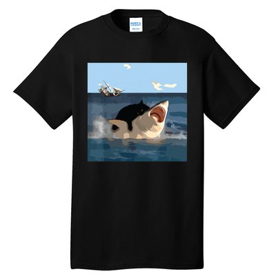 Cat Biting Shark Humorous Playful Funny Cat And Shark Tall T-Shirt