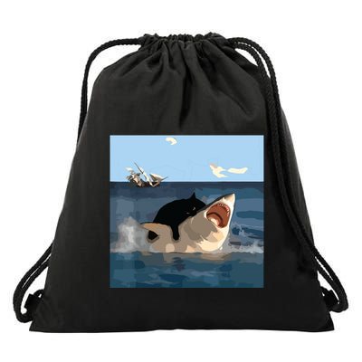 Cat Biting Shark Humorous Playful Funny Cat And Shark Drawstring Bag
