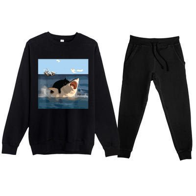 Cat Biting Shark Humorous Playful Funny Cat And Shark Premium Crewneck Sweatsuit Set