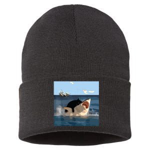 Cat Biting Shark Humorous Playful Funny Cat And Shark Sustainable Knit Beanie