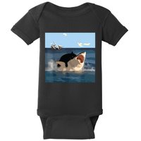 Cat Biting Shark Humorous Playful Funny Cat And Shark Baby Bodysuit