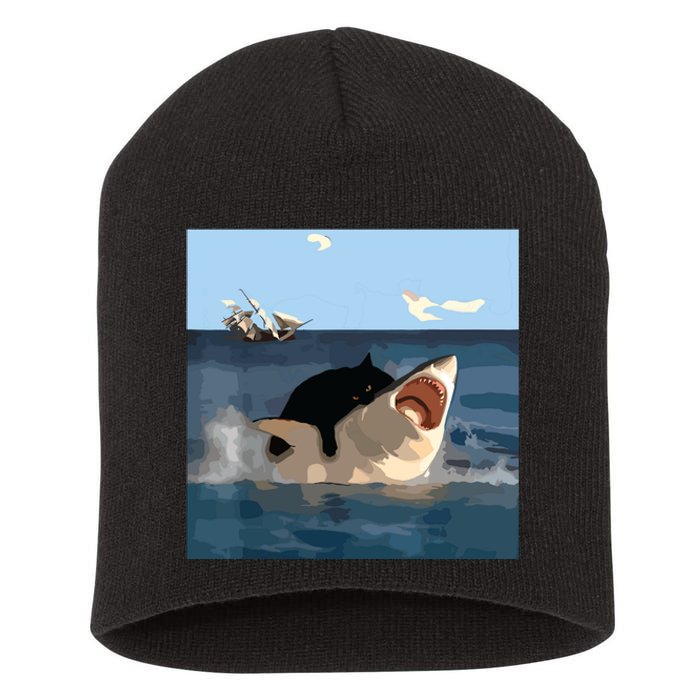 Cat Biting Shark Humorous Playful Funny Cat And Shark Short Acrylic Beanie