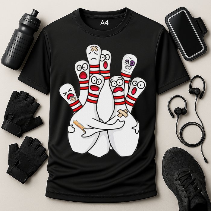 Cartoon Bowling Scared Bowling Pins Funny Sport Bowler Cooling Performance Crew T-Shirt