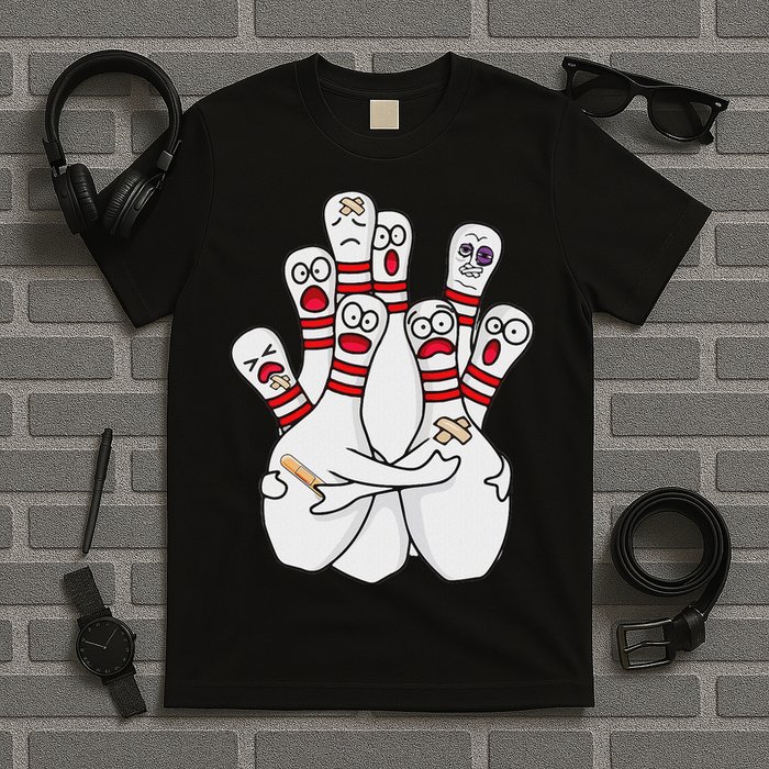 Cartoon Bowling Scared Bowling Pins Funny Sport Bowler T-Shirt