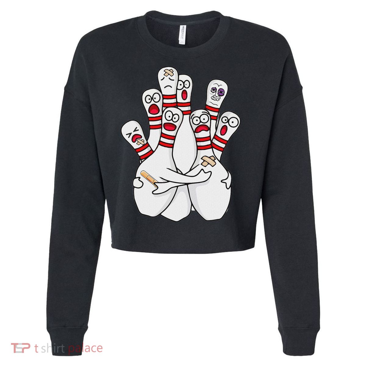 Cartoon Bowling Scared Bowling Pins Funny Sport Bowler Cropped Pullover Crew