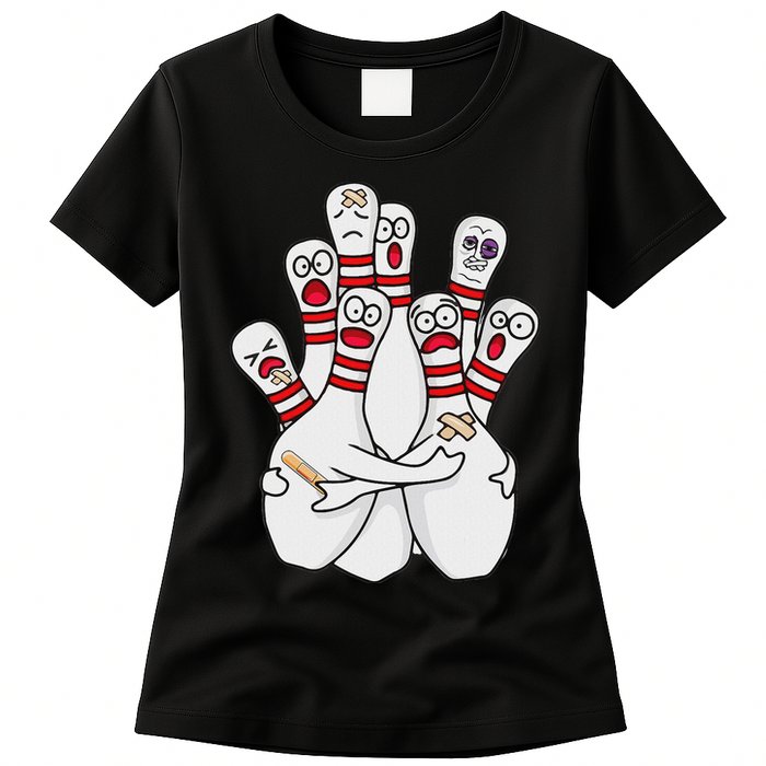 Cartoon Bowling Scared Bowling Pins Funny Sport Bowler Womens T-Shirt