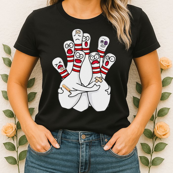 Cartoon Bowling Scared Bowling Pins Funny Sport Bowler Womens T-Shirt