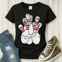 Cartoon Bowling Scared Bowling Pins Funny Sport Bowler Womens T-Shirt