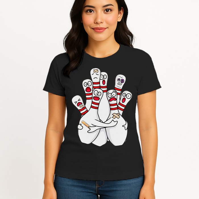 Cartoon Bowling Scared Bowling Pins Funny Sport Bowler Womens T-Shirt