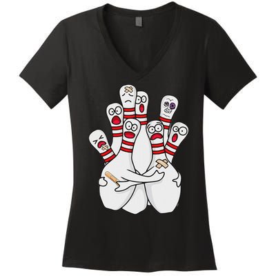 Cartoon Bowling Scared Bowling Pins Funny Sport Bowler Women's V-Neck T-Shirt