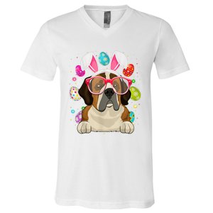 Cute Bunny St Bernard Dog Face Easter Eggs Easter Day V-Neck T-Shirt