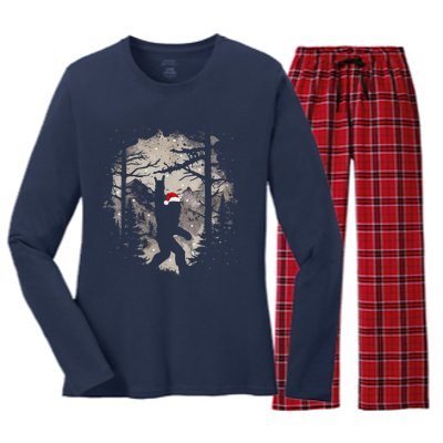 Christmas Bigfoot Santa Hat Funny Xmas Pj Sasquatch Rock On Women's Long Sleeve Flannel Pajama Set 