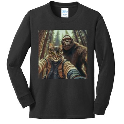 Cat Bigfoot Sasquatch Selfie Photo Funny Retro Classic Humor Kids Long Sleeve Shirt