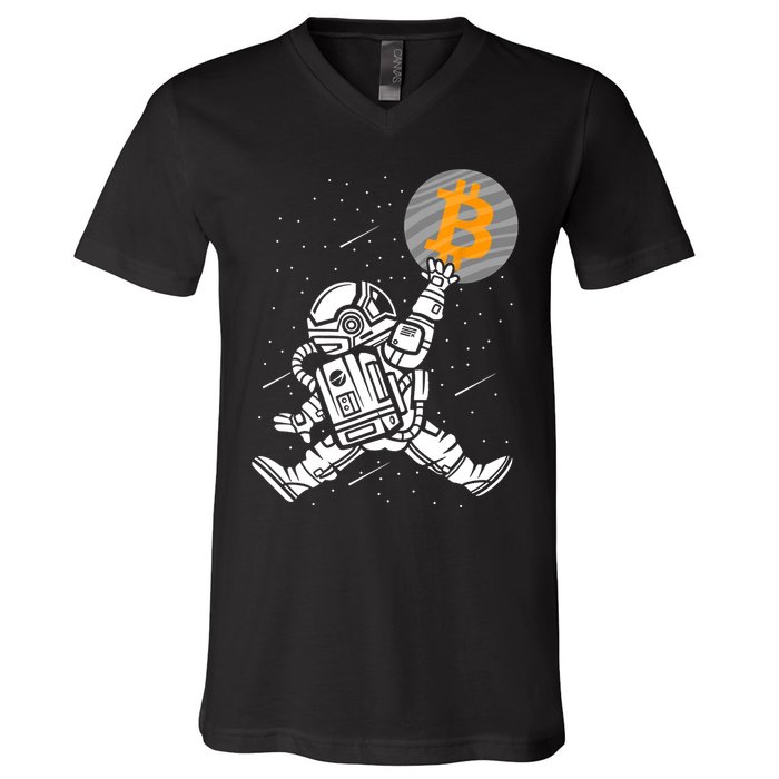 Cryptocurrency Bitcoin Space Moon Funny V-Neck T-Shirt