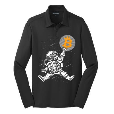 Cryptocurrency Bitcoin Space Moon Funny Silk Touch Performance Long Sleeve Polo