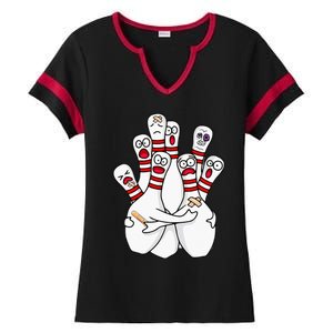 Cartoon Bowling Scared Bowling Pins Funny Sport Bowler Ladies Halftime Notch Neck Tee