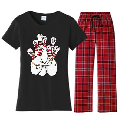 Cartoon Bowling Scared Bowling Pins Funny Sport Bowler Women's Flannel Pajama Set