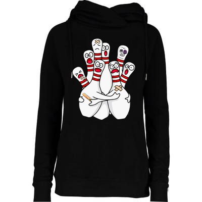 Cartoon Bowling Scared Bowling Pins Funny Sport Bowler Womens Funnel Neck Pullover Hood