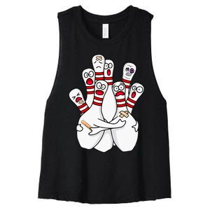 Cartoon Bowling Scared Bowling Pins Funny Sport Bowler Women's Racerback Cropped Tank