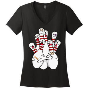 Cartoon Bowling Scared Bowling Pins Funny Sport Bowler Women's V-Neck T-Shirt