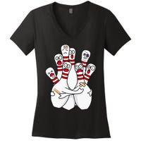 Cartoon Bowling Scared Bowling Pins Funny Sport Bowler Women's V-Neck T-Shirt