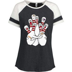 Cartoon Bowling Scared Bowling Pins Funny Sport Bowler Enza Ladies Jersey Colorblock Tee