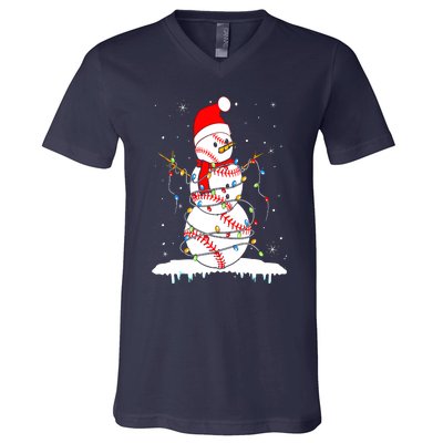 Christmas Baseball Snowman Santa Xmas Lights V-Neck T-Shirt