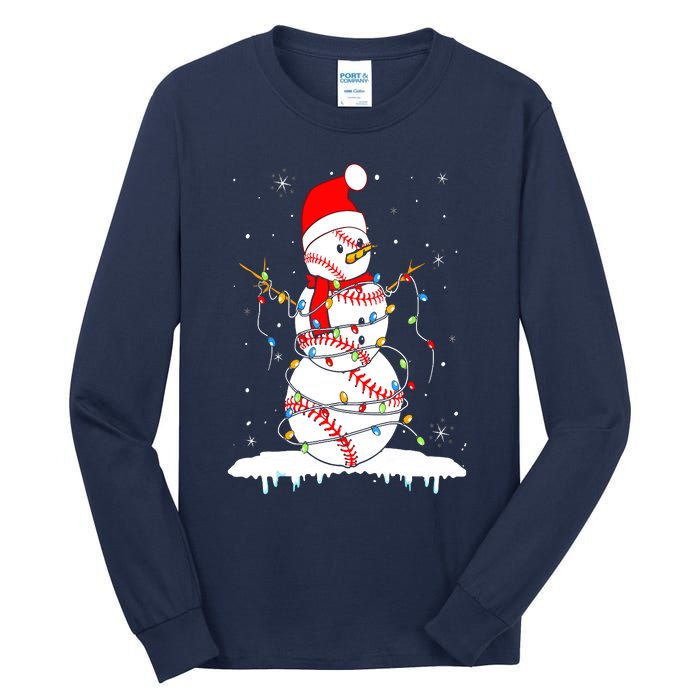 Christmas Baseball Snowman Santa Xmas Lights Tall Long Sleeve T-Shirt