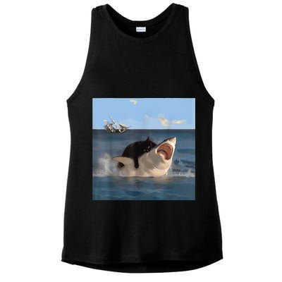 Cat Biting Shark Humorous Playful Funny Cat And Shark Ladies PosiCharge Tri-Blend Wicking Tank