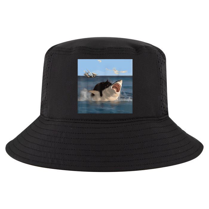 Cat Biting Shark Humorous Playful Funny Cat And Shark Cool Comfort Performance Bucket Hat