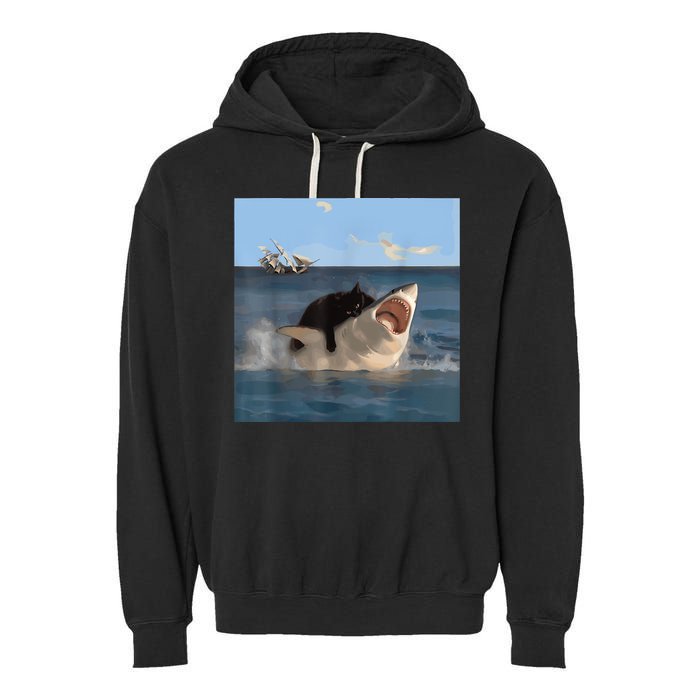 Cat Biting Shark Humorous Playful Funny Cat And Shark Garment-Dyed Fleece Hoodie