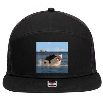 Cat Biting Shark Humorous Playful Funny Cat And Shark 7 Panel Mesh Trucker Snapback Hat