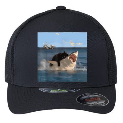 Cat Biting Shark Humorous Playful Funny Cat And Shark Flexfit Unipanel Trucker Cap