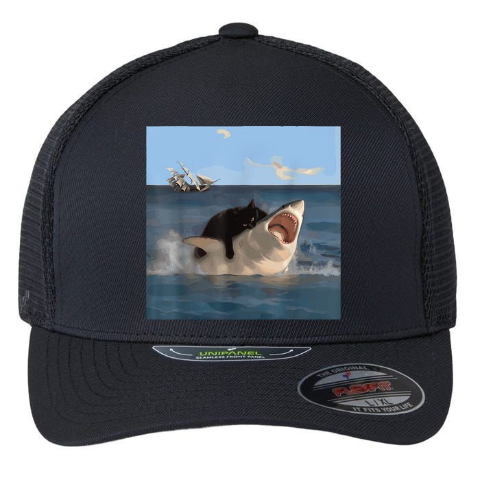 Cat Biting Shark Humorous Playful Funny Cat And Shark Flexfit Unipanel Trucker Cap