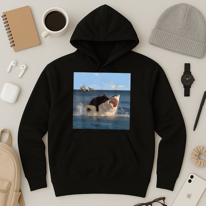 Cat Biting Shark Humorous Playful Funny Cat And Shark Hoodie