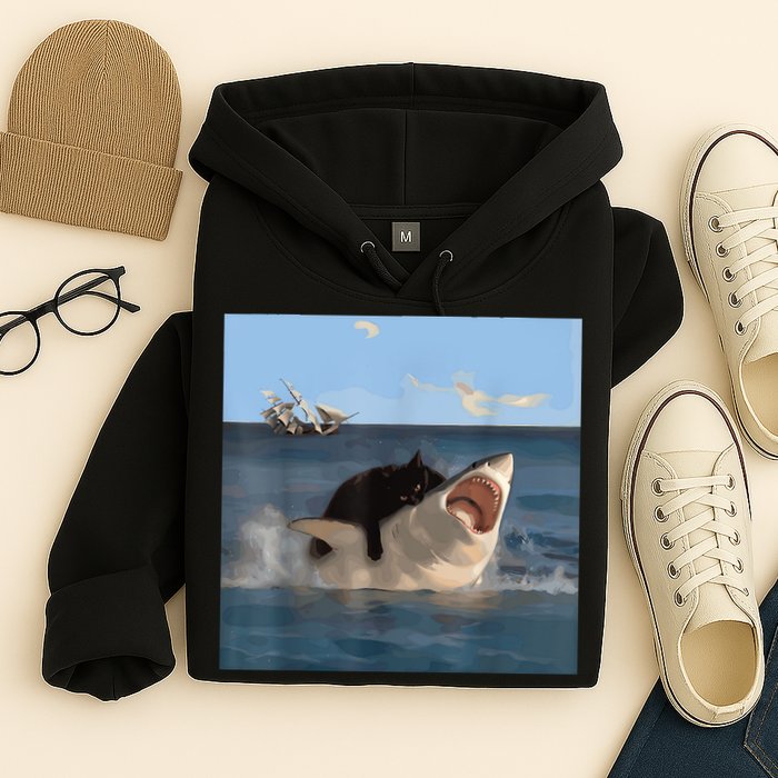 Cat Biting Shark Humorous Playful Funny Cat And Shark Hoodie