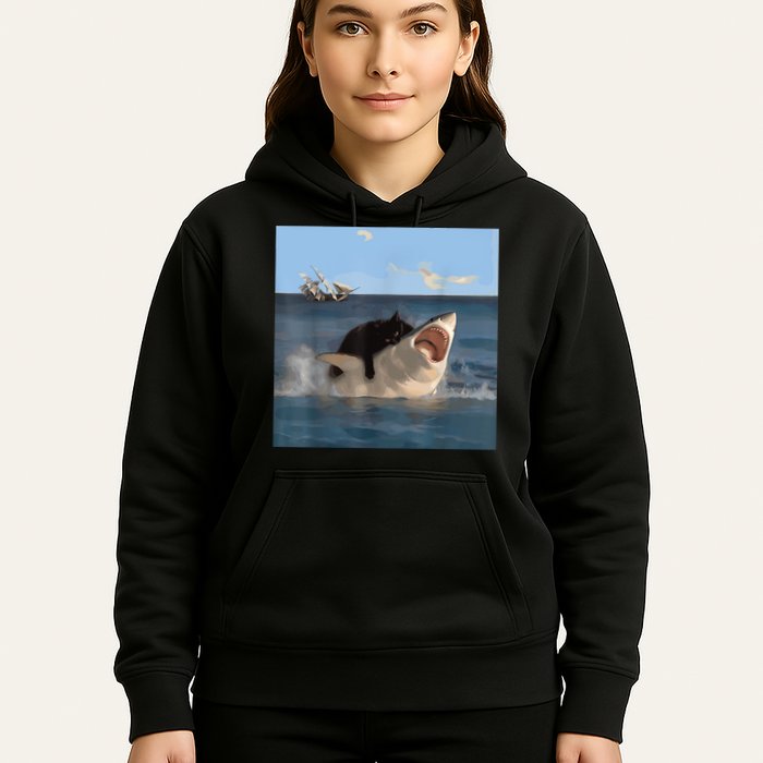 Cat Biting Shark Humorous Playful Funny Cat And Shark Hoodie