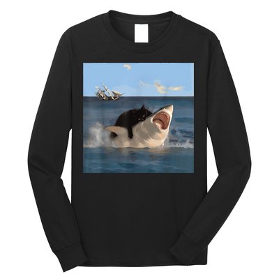 Cat Biting Shark Humorous Playful Funny Cat And Shark Long Sleeve Shirt