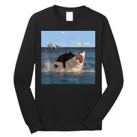 Cat Biting Shark Humorous Playful Funny Cat And Shark Long Sleeve Shirt