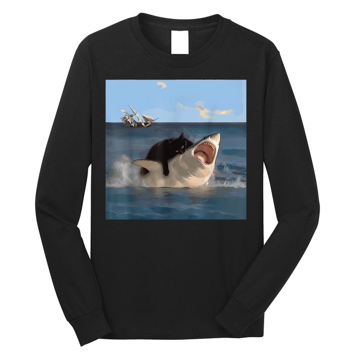 Cat Biting Shark Humorous Playful Funny Cat And Shark Long Sleeve Shirt