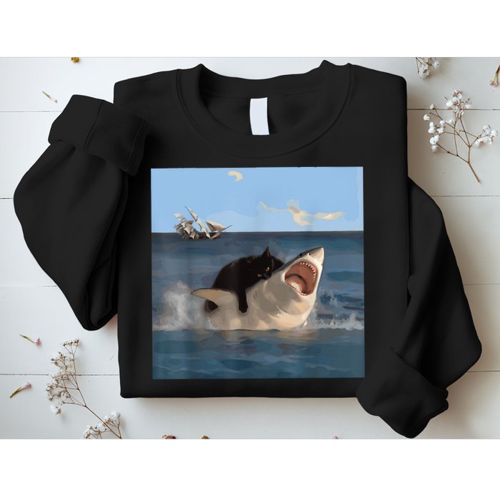 Cat Biting Shark Humorous Playful Funny Cat And Shark Sweatshirt