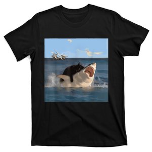 Cat Biting Shark Humorous Playful Funny Cat And Shark T-Shirt