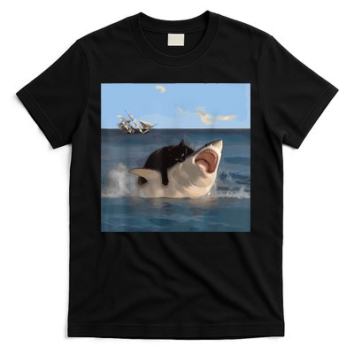 Cat Biting Shark Humorous Playful Funny Cat And Shark T-Shirt
