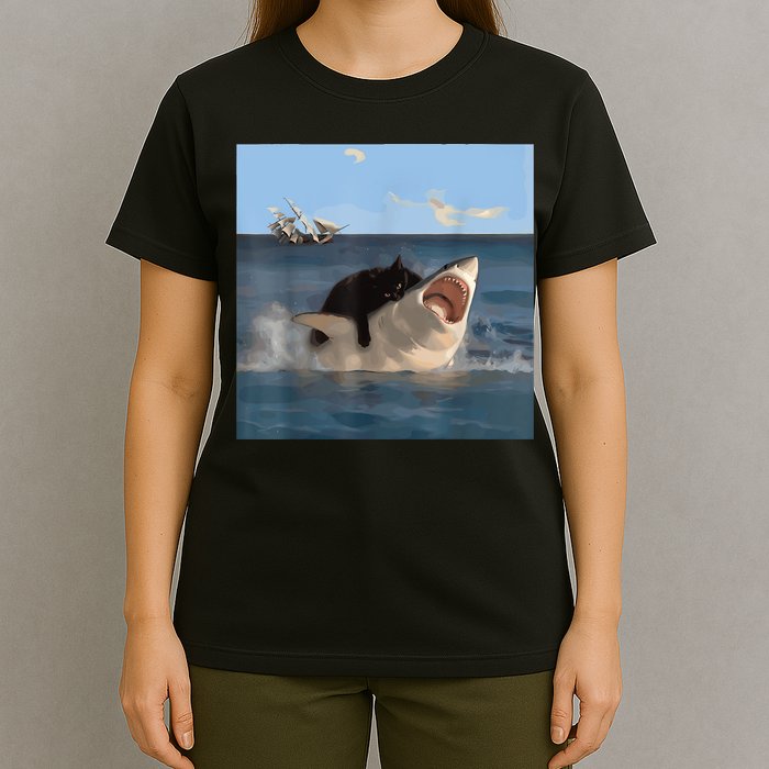 Cat Biting Shark Humorous Playful Funny Cat And Shark T-Shirt